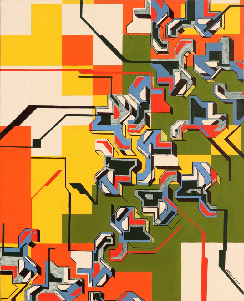 10000 FT (2017), a mixed-media artwork by Sandile Radebe, using T and F ambigrams within an aerial cityscape made of spray paint, acrylic paint, and marking pens.