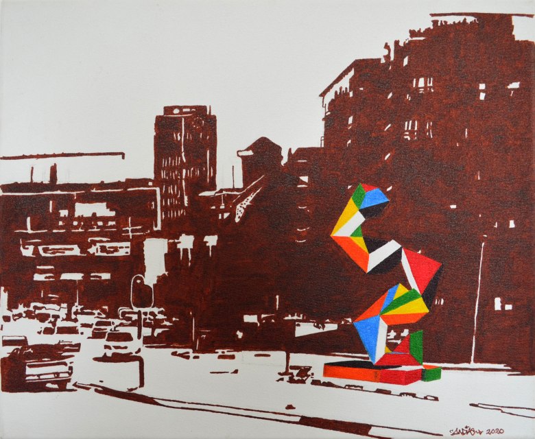 Fine-tipped pen drawing titled "A Sketch for Ucu Emjibha" (2020), fusing an amabheqe sculptural maquette onto Johannesburg's Bree Street taxi rank as a proposal for a more African city.