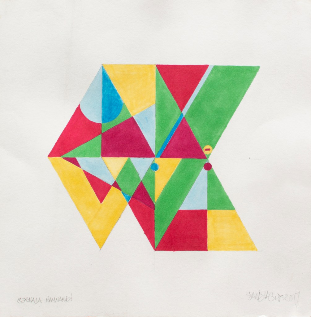 Fine-tipped pen drawing titled Ezikhala Kamnandi (2017) by South African artist Sandile, featuring isibheqe sonhlamvu syllabic script and geometric forms inspired by amabheqe and iscamtho.