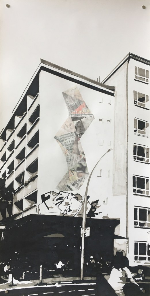 Mixed media artwork titled "Phez' kwabo" (2023), blending ink transfer and fine-tipped pen, responding to Berlin's "heaven spots" and the slang phrase "phez' kwabo" meaning "on it."