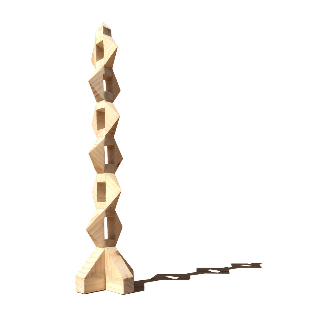 Wooden sculpture titled "Umcijo I" (2024), featuring a carved form inspired by the triangular motif common in isiZulu material culture.